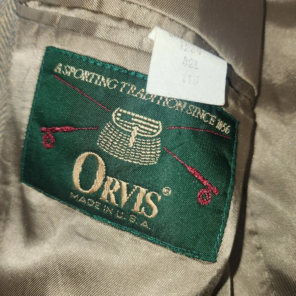 Orvis Mens 42L Herringbone Tweed Blazer Sport Coat Tan Brown Made in USA 42 Long